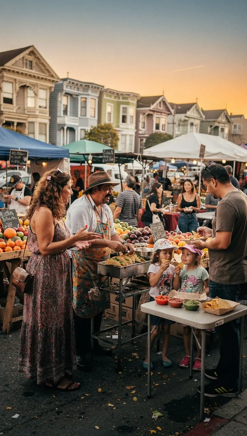 Zachód słońca nad rynkiem, w tle widać ludzi cieszących się zakupami i jedzeniem.